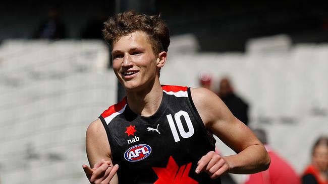 MELBOURNE, AUSTRALIA – SEPTEMBER 24: Zane Duursma of the Team Murphy Squad celebrates a goal during the 2022 AFL Futures match between Team Houli and Team Murphy at the Melbourne Cricket Ground on September 24, 2022 in Melbourne, Australia. (Photo by Dylan Burns/AFL Photos via Getty Images)