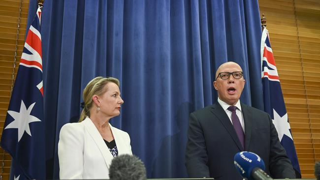 Peter Dutton and deputy Liberal leader Sussan Ley announced the party room position on Wednesday. Picture: NCA NewsWire / Martin Ollman