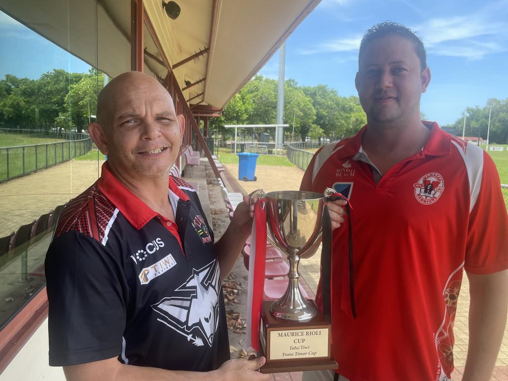 Brenton Toy and Ryan Ayres with the Maurice Rioli Cup. Picture: Ben Cameron.