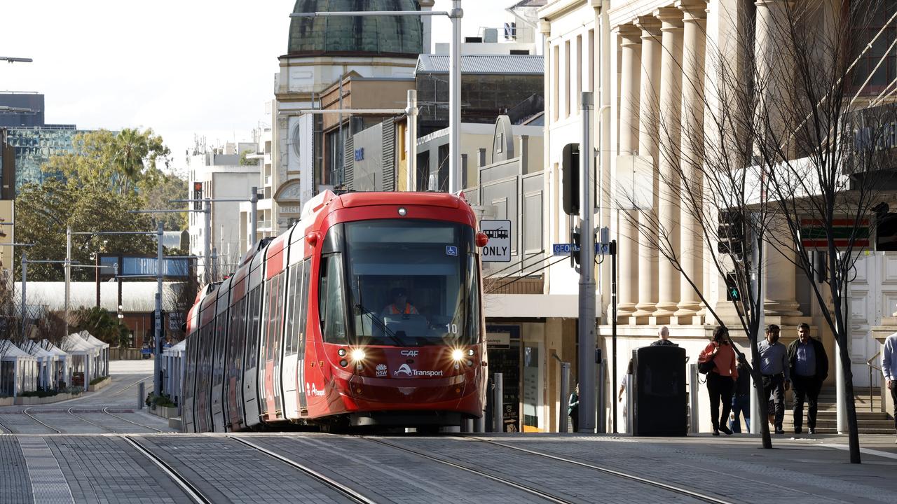 Light rail testing on Church St at Parramatta in August, when the line was supposed to open. Picture: Jonathan Ng