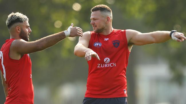 Demon Steven May, right, is the value buy in KFC SuperCoach ahead of Round 8. Picture: Robert Cianflone/Getty Images