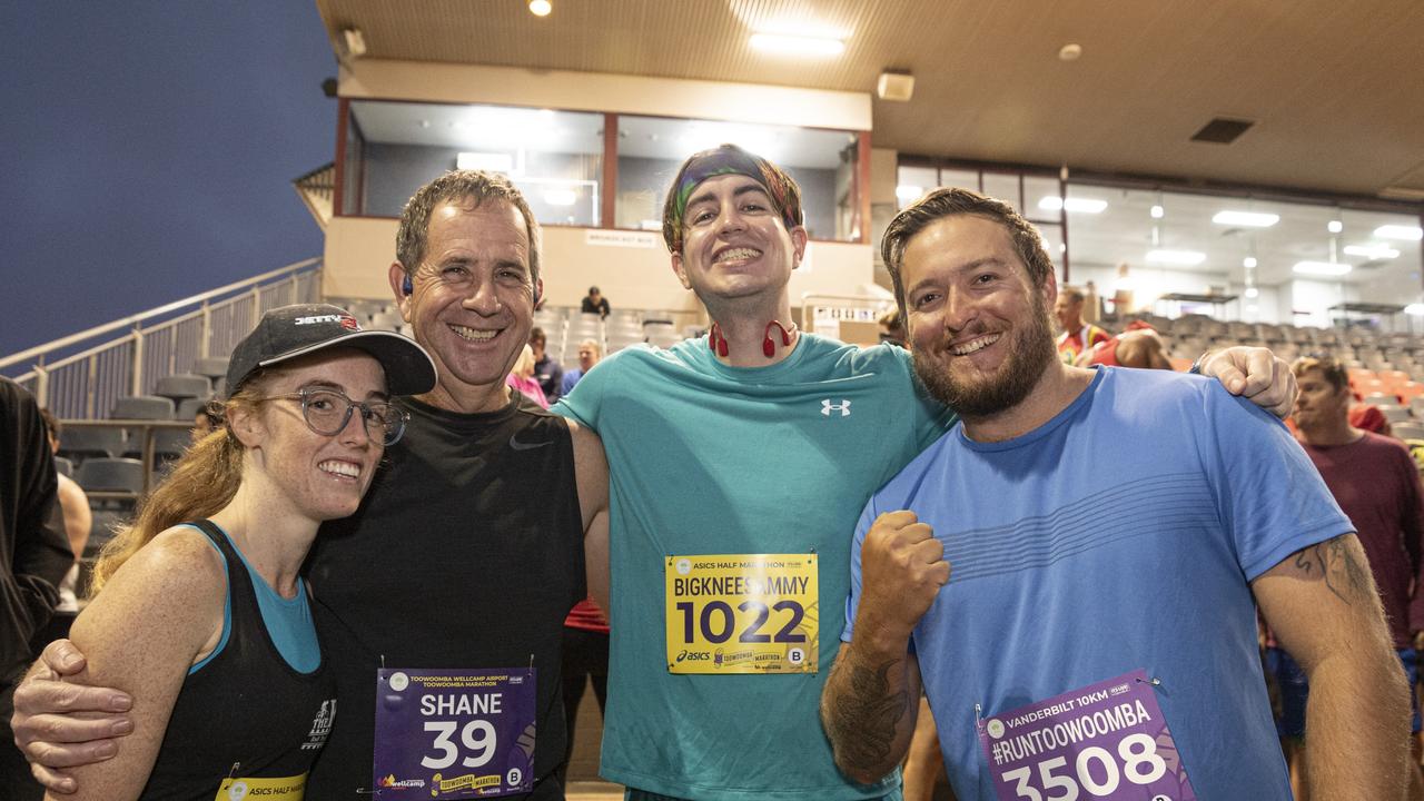 Ready to run are (from left) Portia Baskerville (half marathon), Shane Dick (marathon), Sam Dick (half marathon) and Zack Postans (10km) at the Toowoomba Marathon event. Picture: Kevin Farmer