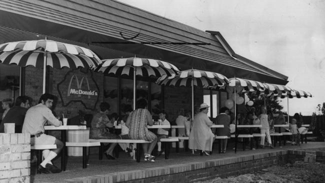 Customers eating at the first McDonald's restaurant in Australia, at Yagoona in Sydney, NSW, 06/07/1975.