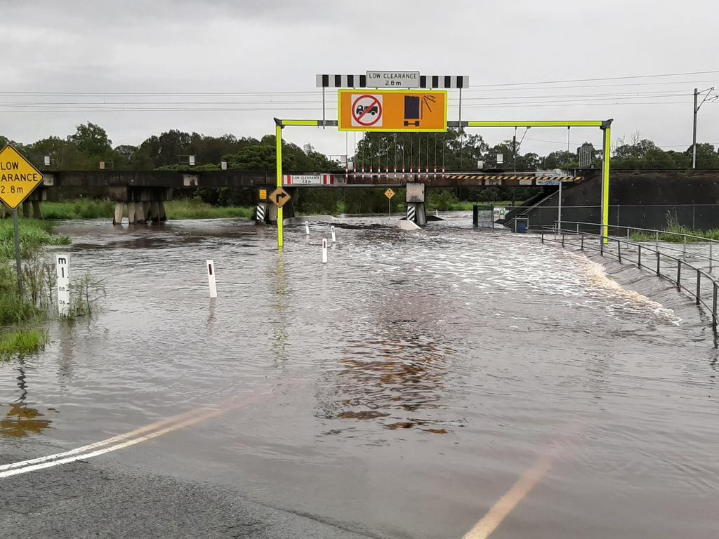 Roads closed behind Morayfield Shopping Centre after flash flooding. Picture: Erin Smith