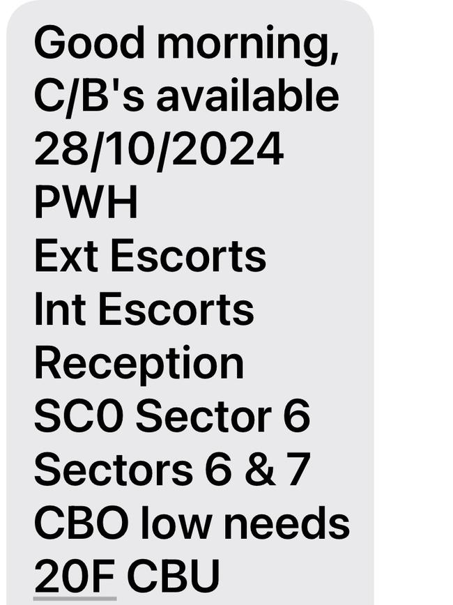 Leaked text messages show the amount of staff the Department of Corrections needs on Monday, October 28 at Darwin Correctional Facility. Picture: Supplied