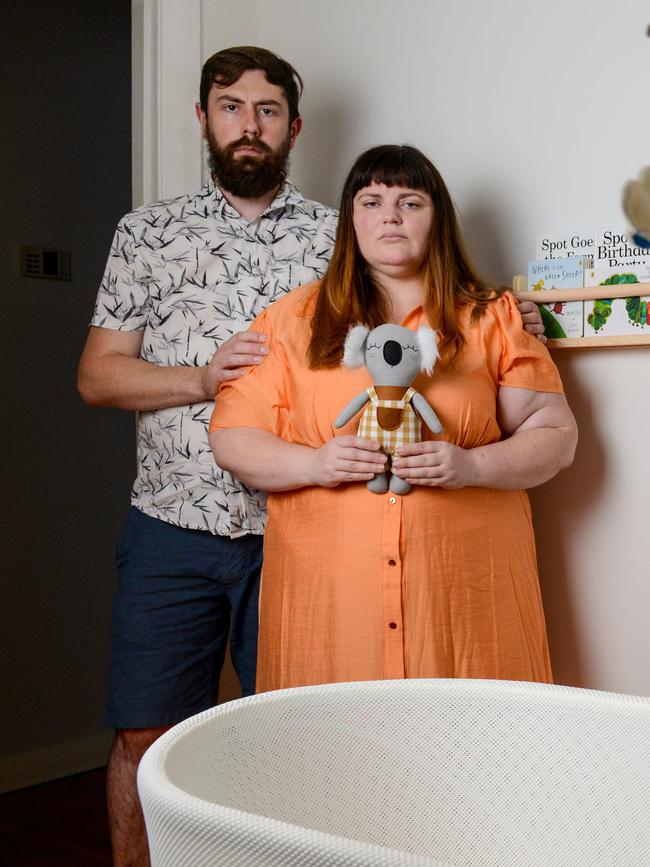 Sophie Miller and Trent Williams in their, nursery awaiting their new baby son, who remains in Flinders Medical Centre. Pic: Brenton Edwards