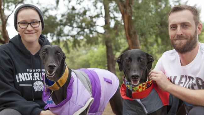 Residents Erin Lecky, with her pet George, and Noel Rayner, seen with Usher, use the off leash dog park at Close St Reserve, Canterbury.