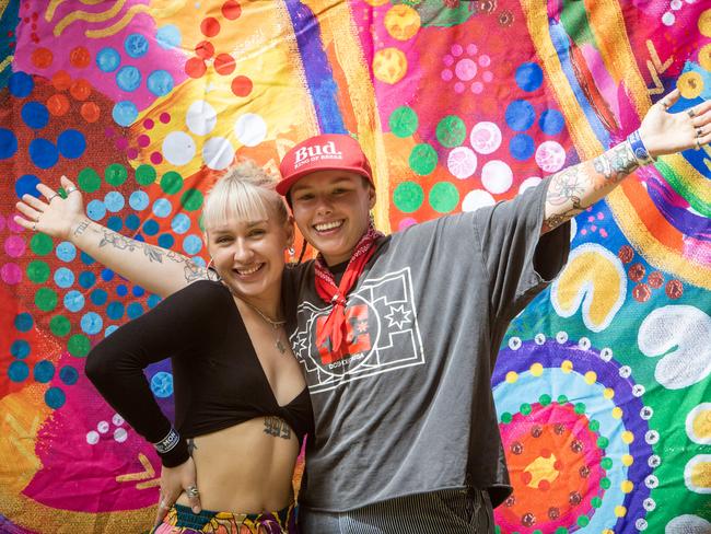 ADELAIDE, AUSTRALIA - Advertiser Photos MARCH 13, 2023: WOMADelaide 2023 Day 4 Monday the 13th of March. Maddi 23yrs and Maddy 25yrs. Picture: Emma Brasier