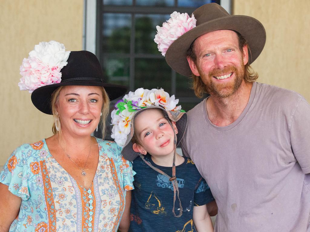 Croc racing at the Berry Springs Tavern for Melbourne Cup Day: Jo Hooper, Ben Cramb, 4, and Johnny Cramb. Picture: GLENN CAMPBELL