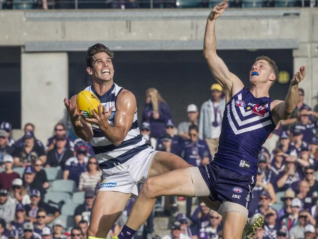 Tom Hawkins had the better of Zac Dawson and the Fremantle Dockers on the weekend. Picture: AAP