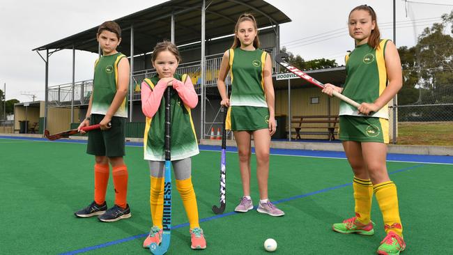 Woodville Hockey Club will put more emphasis on developing its juniors including Lucas Hart, Chloe Kong, Emily Hart and Olivia Hart, following the club’s forced exit from the Premier League in 2019. Picture: AAP/ Keryn Stevens