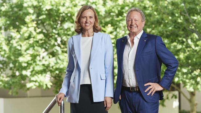 Fiona Hick, left, with Andrew Forrest. Hick’s exit as mining boss was one of many senior exec departures. Picture: Frances Andrijich