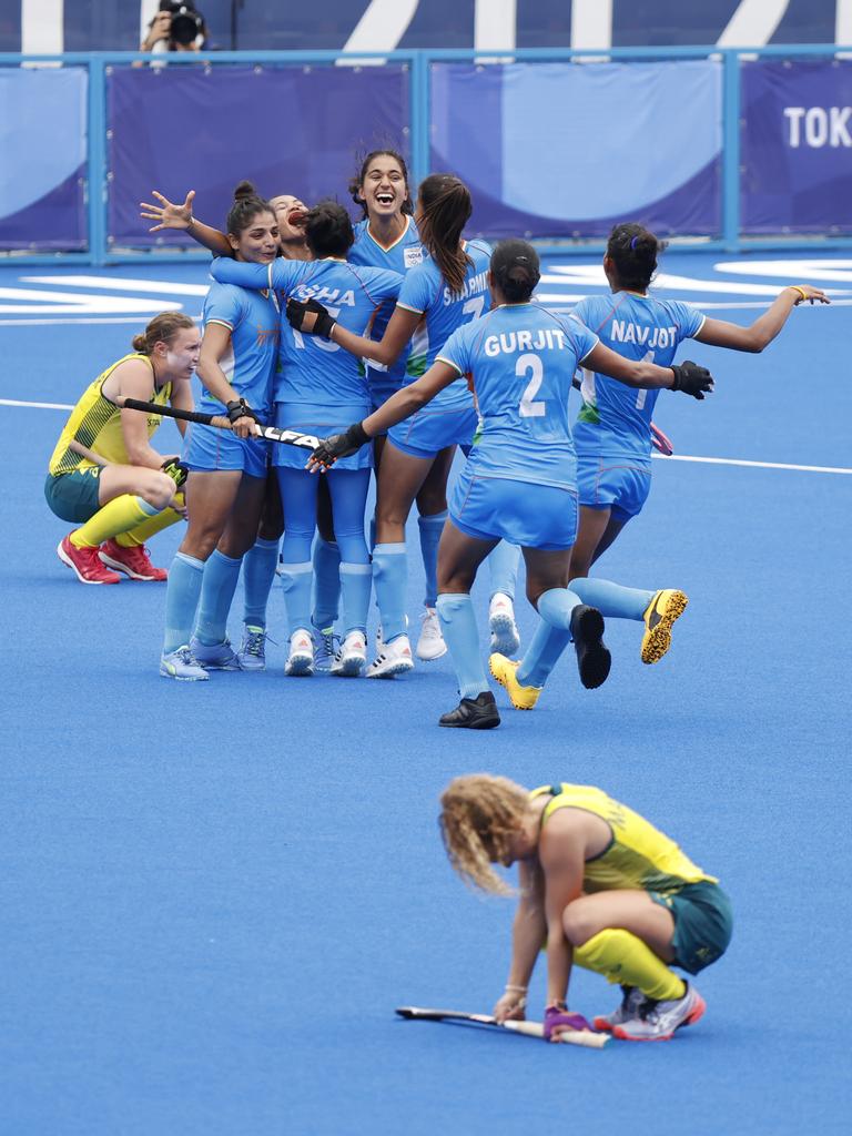 India celebrates in the quarter-finals of the women’s hockey after winning 1-0. Picture: Alex Coppel