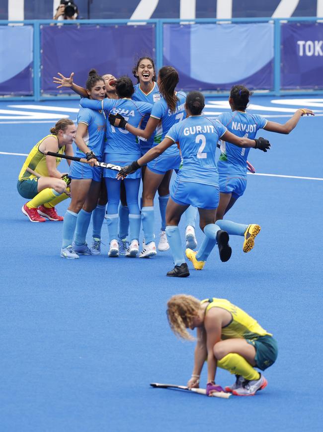 India celebrates in the quarter-finals of the women’s hockey after winning 1-0. Picture: Alex Coppel