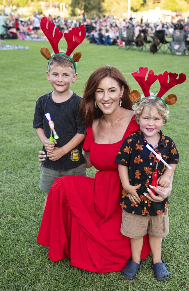 Bronni Ghirardello with sons Colt (left) and Levi at Triple M Mayoral Carols by Candlelight, Sunday, December 8, 2024. Picture: Kevin Farmer