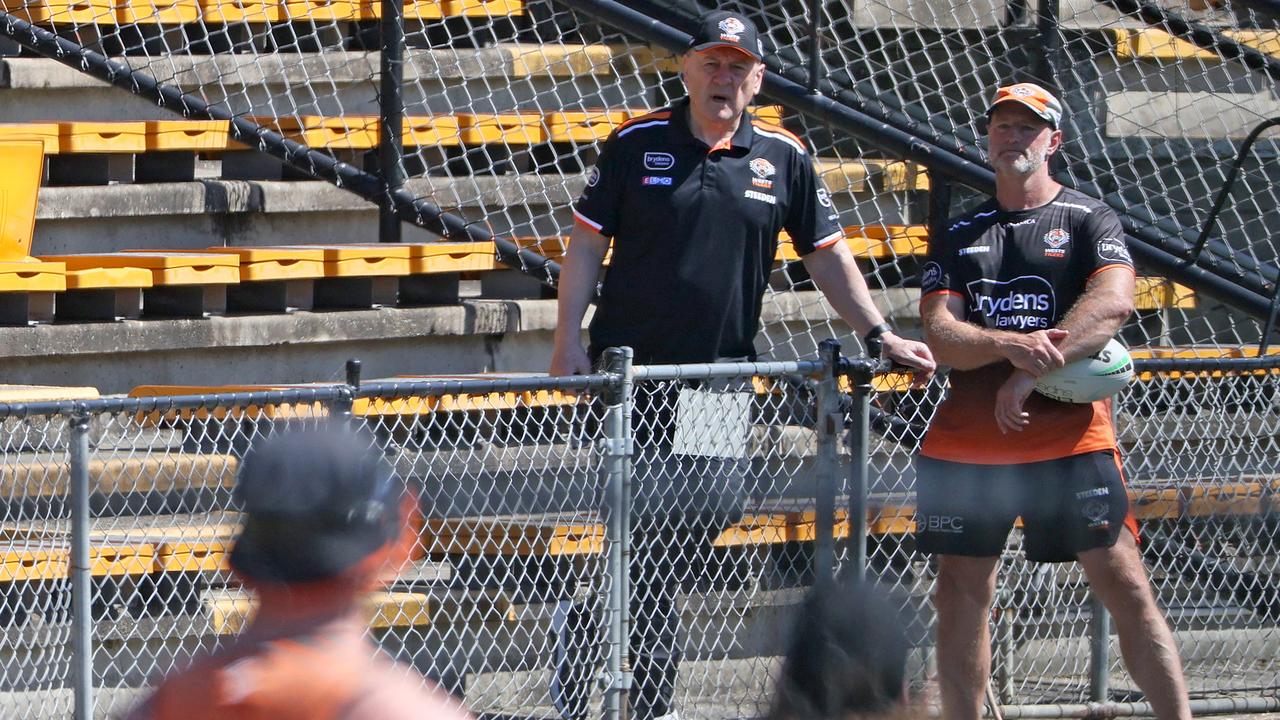 New football boss Tim Sheens (left) and Michael Maguire at Tigers training. Picture: Toby Zerna