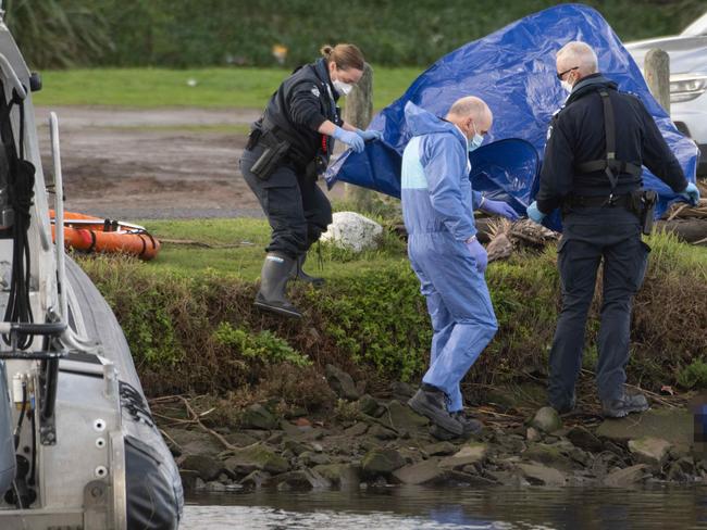 Police at the scene in Flemington where Lolene Whitehand’s body was found. Picture: Tony Gough ,