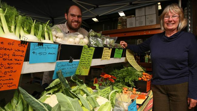 Hilary and George Hartley of Saltwater Farm have a vegetable farmers market stall at the Italian Pantry. (L-R) Joe Hartley with his mother; Hilary Hartley of Saltwater Farm.