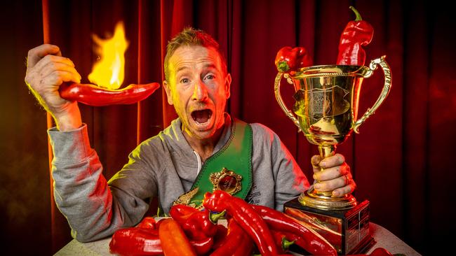 Iron Gut Oceana Champion Greg Barlow at the Melbourne Chilli Eating Championship 2023, which was held at The Beast in Brunswick East. Picture: Jake Nowakowski.