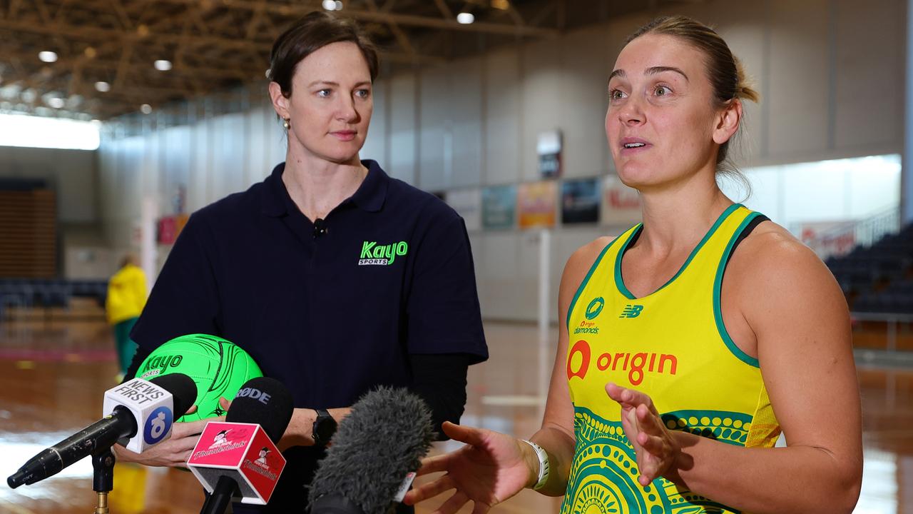 Diamonds Captain Liz Watson with Olympian Cate Campbell during an Australia Diamonds captain's run at Netball SA Stadium on September 18, 2024 in Adelaide, Australia. (Photo by Sarah Reed/Getty Images)