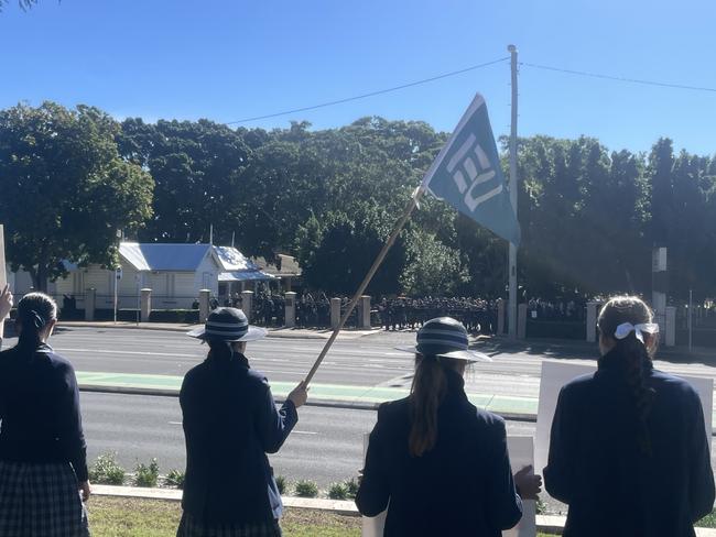 Students at Ipswich Girls' Grammar School showed support for their teachers during Tuesday's strike action. Picture: Jonathan O'Neill.