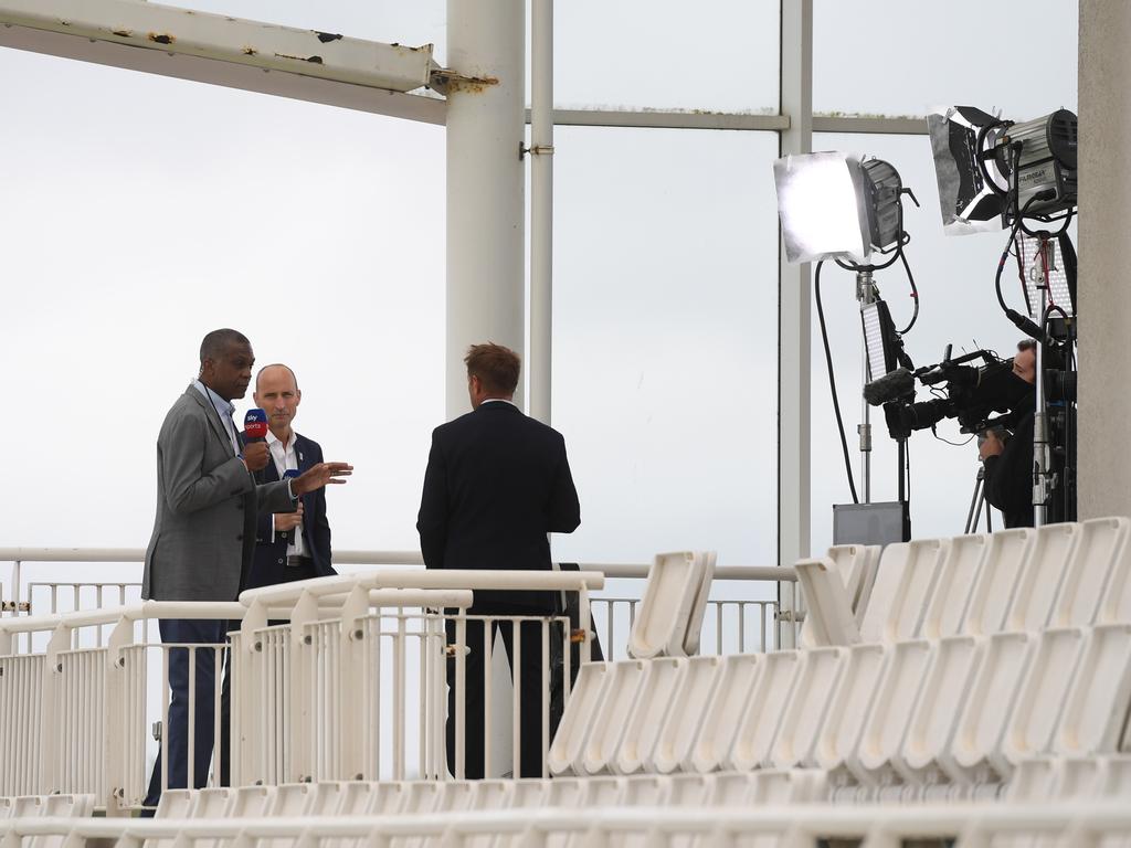 Michael Holding with Nasser Hussain and Ian Ward during day one. (Photo by Mike Hewitt/Getty Images)