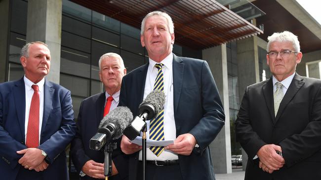 Joe, John, Dennis and Neill Wagner speak to the media outside the Supreme Court in Brisbane today. Picture: Darren England/AAP