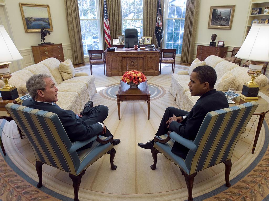 This picture released by the White House shows US President George W Bush and president-elect Barack Obama meeting in the Oval Office in 2008.