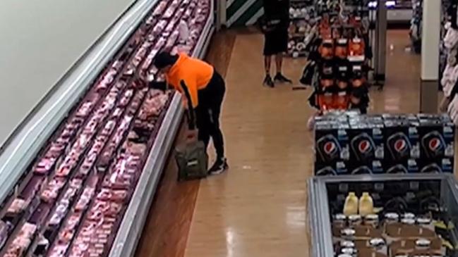 Footage from a Drakes Supermarket showing a tradie filling his bag with meat. Picture: A Current Affair / Nine