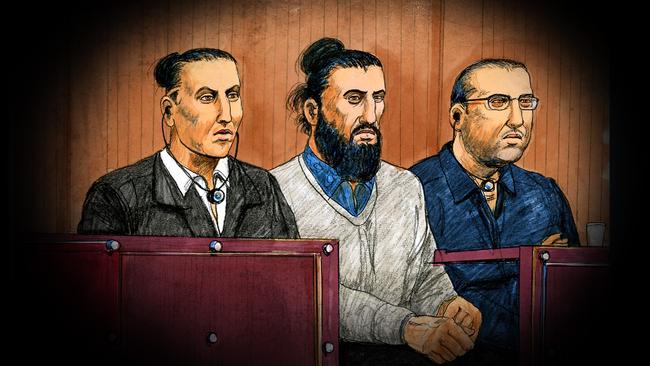 ++The Australian ONLY ++ 28-08-18 A court sketch of the three men alleged to have been planning a terrorist attack in Melbourne.- L-R - Ahmed Mohamed, 25,  Abdullah Chaarani, 27,  Hamza Abbas, 23 were charged with conspiring to carry out preparations for a terrorist attack in the CBD during the 2016 Christmas period. Prosecutors in the trial of three men accused of preparing to carry out a terrorist act in Melbourne's CBD have told court the accused were motivated by extremist jihadist ideology.Court Sketch by Jeff Hayes