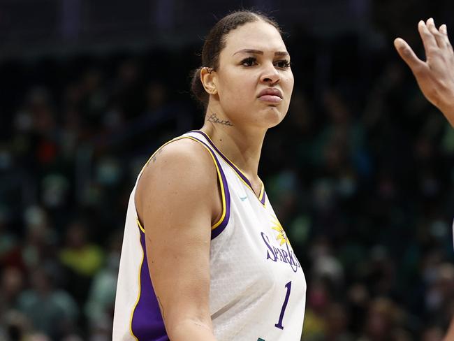 SEATTLE, WASHINGTON - MAY 20: Liz Cambage #1 and Nneka Ogwumike #30 of the Los Angeles Sparks react against the Seattle Storm during the second half at Climate Pledge Arena on May 20, 2022 in Seattle, Washington. NOTE TO USER: User expressly acknowledges and agrees that, by downloading and or using this photograph, User is consenting to the terms and conditions of the Getty Images License Agreement. (Photo by Steph Chambers/Getty Images)