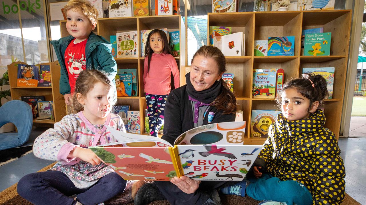 Educator Rosa Garcia with Siobhan, Olivia, Charlie and Mishika at Goodstart Flemington. Picture: Mark Stewar