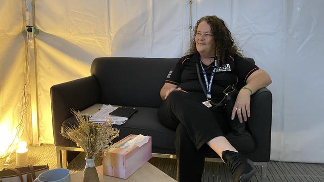 Angela Driscoll inside the Schoolies 2022 Wellbeing Space. Picture: Georgina Noack.