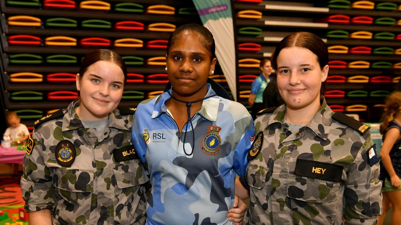 Defence 2024 Welcome and Information Expo at Townsville Stadium. TS Coral Sea cadets LS Gemma Black, RCT Breasia Namok and SMN Zahkoda Hey. Picture: Evan Morgan