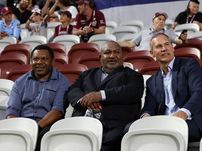 Papua New Guinea NRL expansion bid team: PNG RFL chairman Sandis Tsaka, PNG RFL CEO Stanley Hondina and PNG NRL bid officer Andrew Hill, at the Manly v Parramatta NRL game at Brookvale. Picture: Jonathan Ng