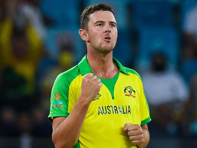 Australia's Josh Hazlewood celebrates after dismissing New Zealand's Daryl Mitchell (not pictured) during the ICC menâs Twenty20 World Cup final match between Australia and New Zealand at the Dubai International Cricket Stadium in Dubai on November 14, 2021. (Photo by INDRANIL MUKHERJEE / AFP)