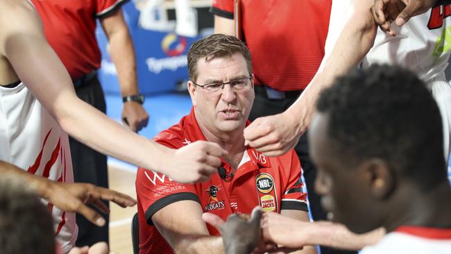 Perth Wildcats coach Trevor Gleeson attempts to spark his team at the Nissan Arena in Brisbane. Picture: AAP Image/Glenn Hunt