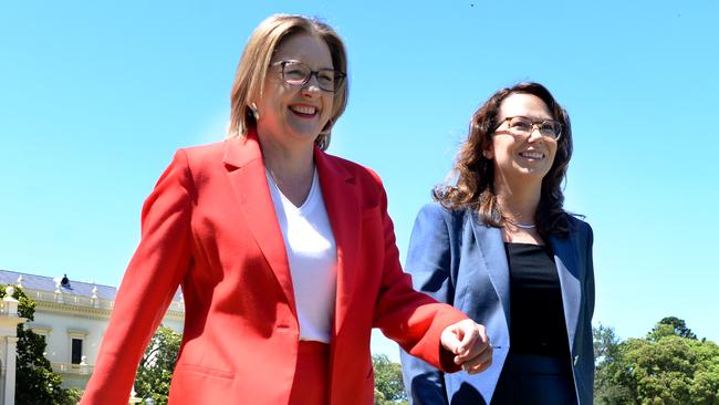 Victorian Premier Jacinta Allan with new Treasurer Jaclyn Symes at Government House on Thursday. Picture: Andrew Henshaw.