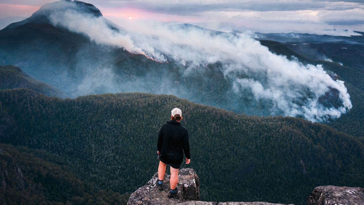 View from the summit of Mt Oakleigh showing the southern fire front on the flanks of Pelion West. The bushfire has now impacted the Overland Track in the Cradle Mountain-Lake St Clair National Park. Picture: Shaun Mittwollen