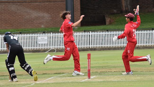 St George bowler Oska Astuy celebrates the dismissal of Rajveer Masrani with wicketkeeper Arnav Kandari in R3 of the Green Shield. Picture: Sean Teuma