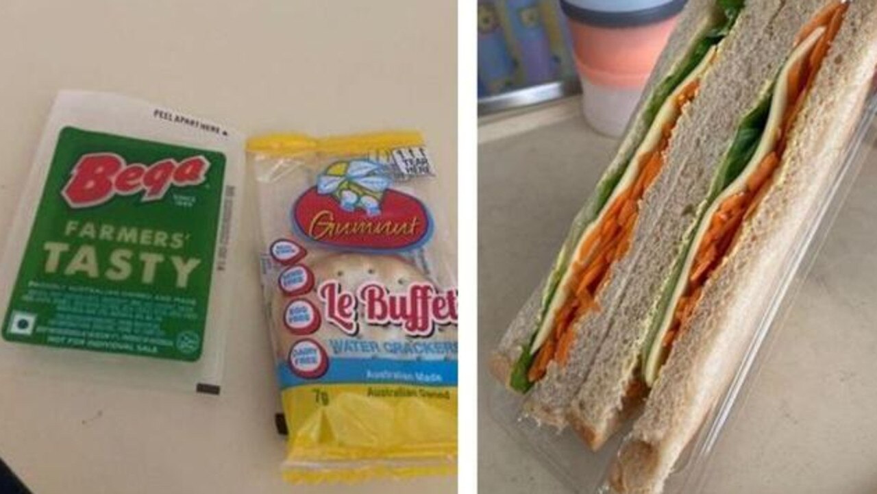 The mum was given a leftover sandwich (right) after 24 hrs, while the dad had to settle for cheese and crackers. Picture: Supplied/Kidspot