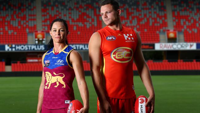 Brisbane full-back Leah Kaslar and Gold Coast co-captain Steven May. Picture: Adam Head