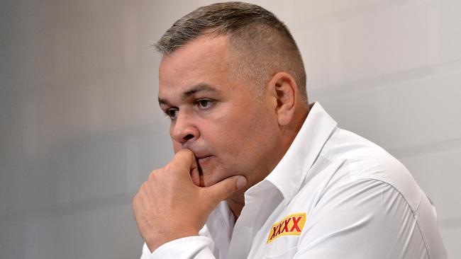 Broncos coach Anthony Seibold speaks to the media after the loss to Gold Coast. Picture: Bradley Kanaris/Getty Images