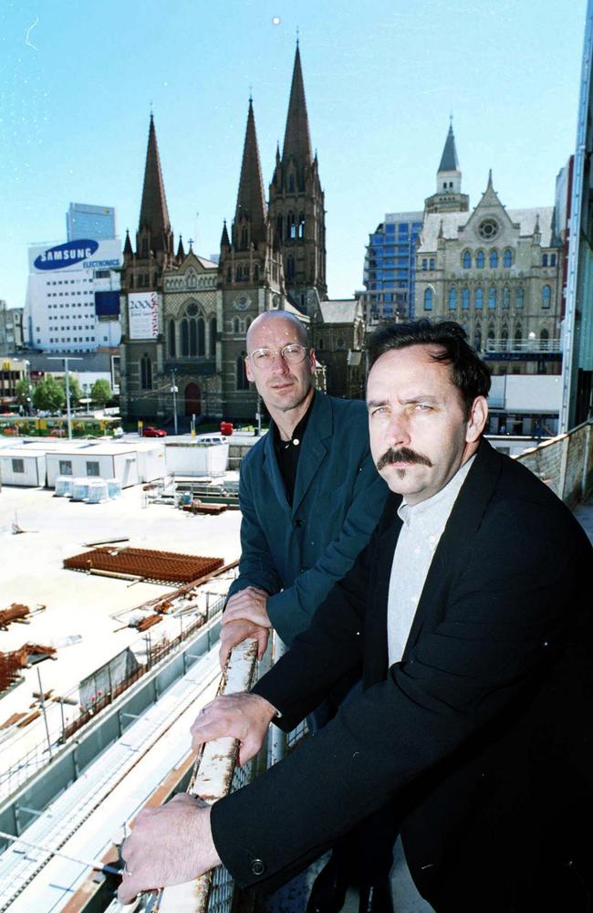 Architects Peter Davidson (L) &amp; Donald Bates who designed Melbourne's Federation Square look over the site during construction in 2000. Picture: HWT Library.