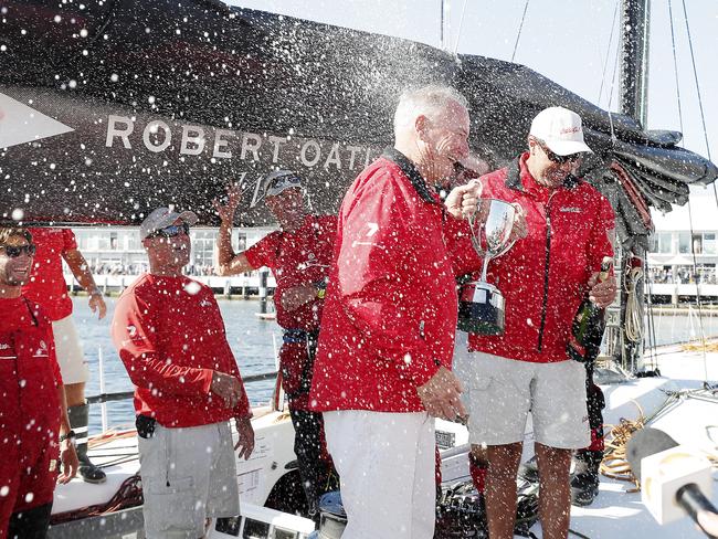 Skipper Mark Richards and Owner Sandy Oatley. Wild Oats XI skippered by Mark Richards sails up the River Derwent on her way to a 9th line honours victory in the 2018 Sydney to Hobart Yacht Race. The yacht crossed the line in 1d 19hrs 7mins 21secs . Picture: RICHARD JUPE