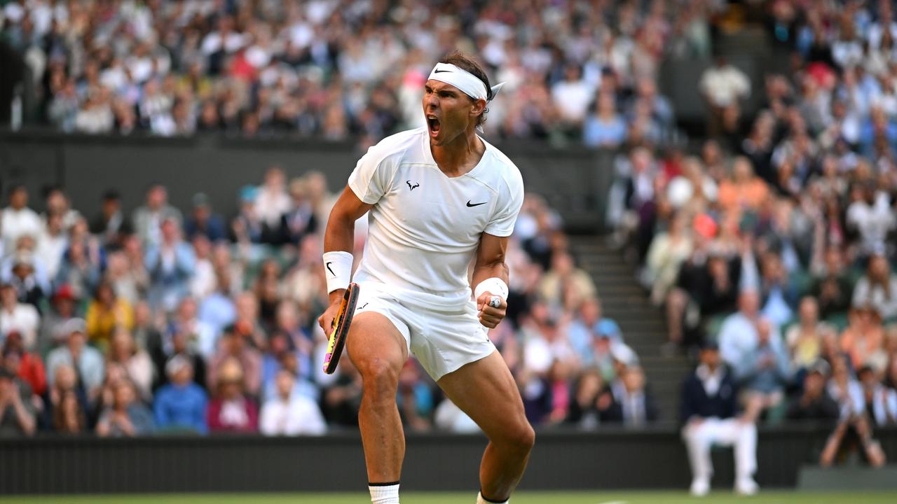 LONDON, ENGLAND - JULY 03: Rafael Nadal of Spain celebrates a point against Botic van de Zandschulp of Netherlands during their Men's Singles Fourth Round match on day eight of The Championships Wimbledon 2022 at All England Lawn Tennis and Croquet Club on July 04, 2022 in London, England. (Photo by Shaun Botterill/Getty Images)