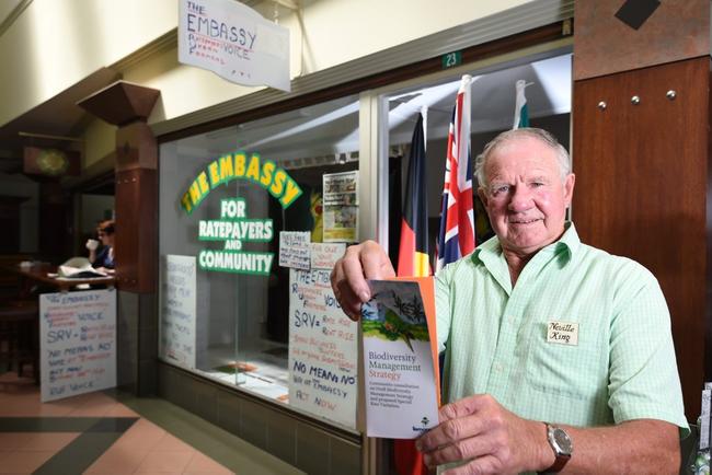 Neville King in front of the Ratepayers and Community Embassy which he has setup in order to bring attention to the new rates proposed by Lismore Council. . Picture: Marc Stapelberg