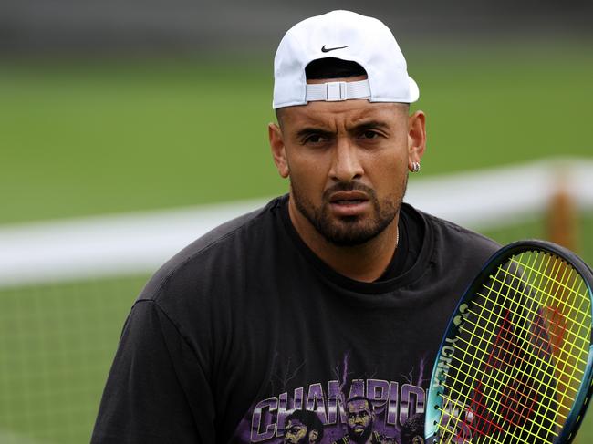 LONDON, ENGLAND - JULY 02: Nick Kyrgios of Australia looks on during a practice session ahead of The Championships - Wimbledon 2023 at All England Lawn Tennis and Croquet Club on July 02, 2023 in London, England. (Photo by Patrick Smith/Getty Images)