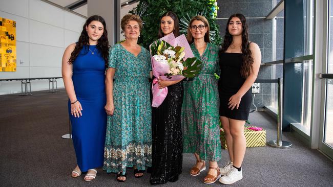 Kyra Catis, Helen Kourounis, Nasia Catis, Gella Catis and Eleno Catis at the Year 12 School formals of Darwin High School at Darwin Convention Centre, Darwin. Picture: Pema Tamang Pakhrin.