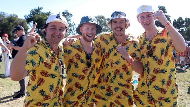 Jack Lawson, Tyler Hawkins, Josh Charles and Reilly Stephens matched their pineapple outfits on Friday. Picture: NCA NewsWire / Kelly Barnes